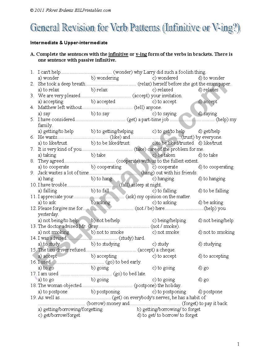 Verb Patterns (Gerund & Infinitive) Revision [Multiple Choice] + Answer Key